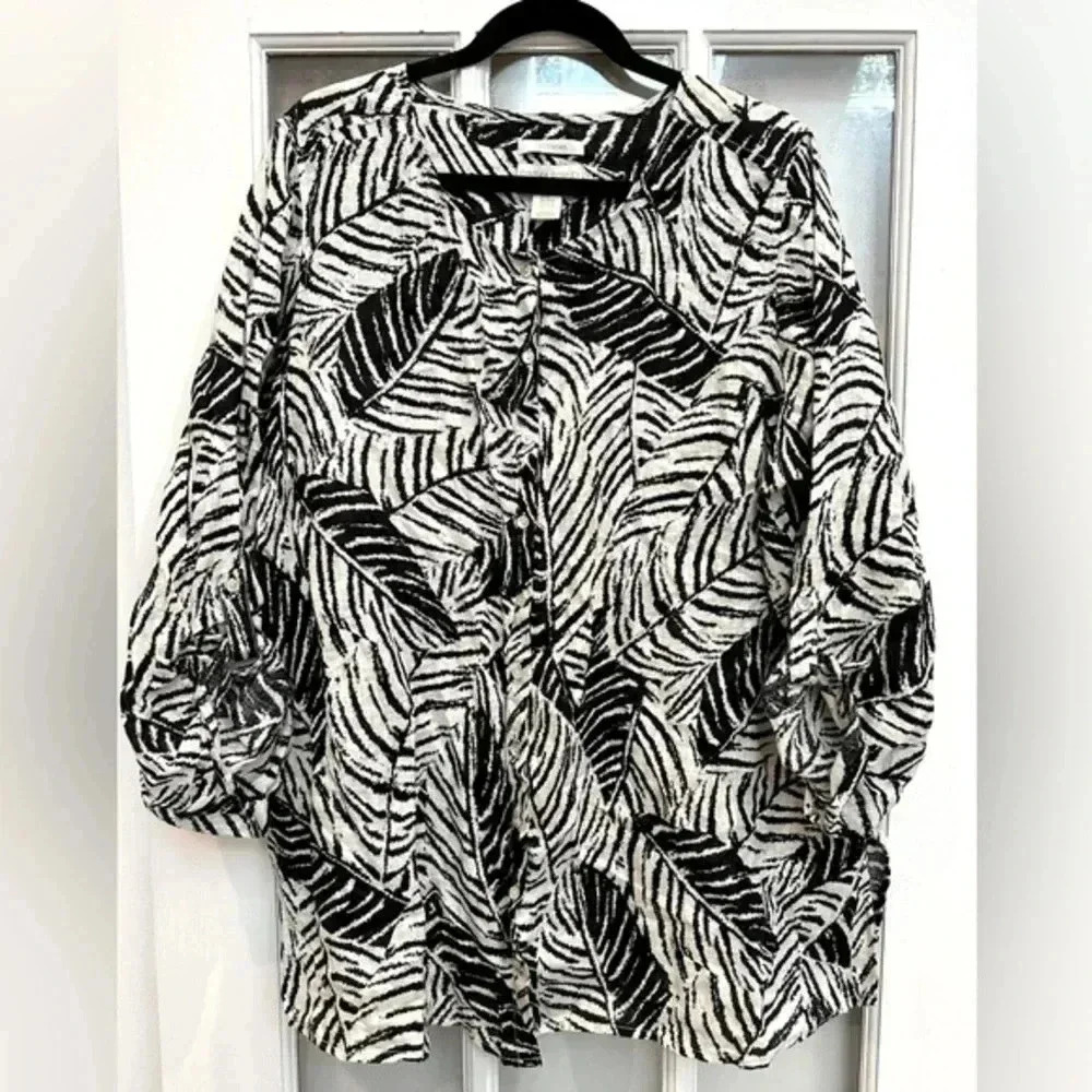 Cynthia Rowley Button Down 100% Linen Tunic Blouse Plus Size 2X Black & Cream - Picture 1 of 10
